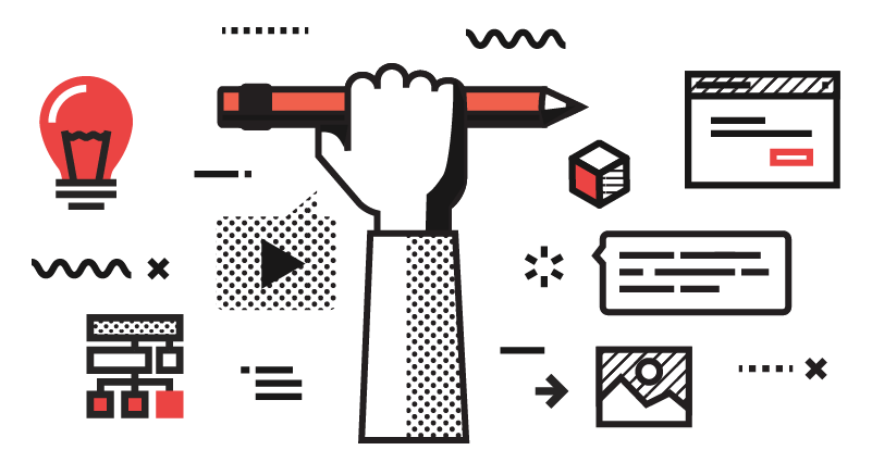 Hand drawing with a pencil, surrounded by sketches of a lightbulb, a video player and a sitemap