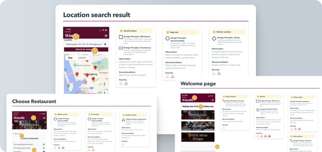 UX audit slides for the location search result, choose restaurant and welcome pages, each listing observations and recommendations.