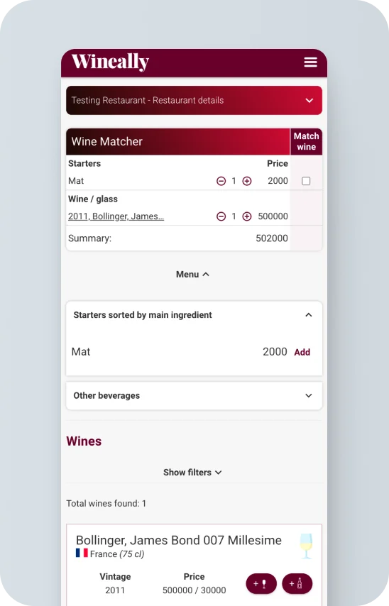 The original wine matcher screen: a dense list of starters, wines and prices.