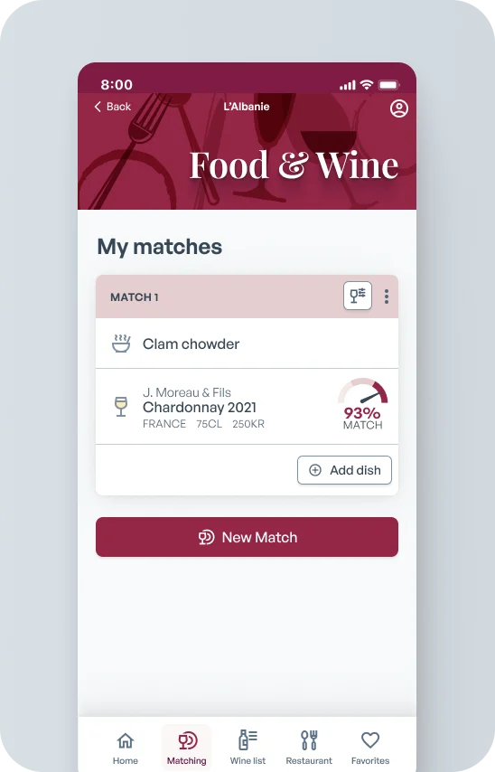 The redesigned Food & Wine screen with a “My matches” card, a match score and a New Match button.