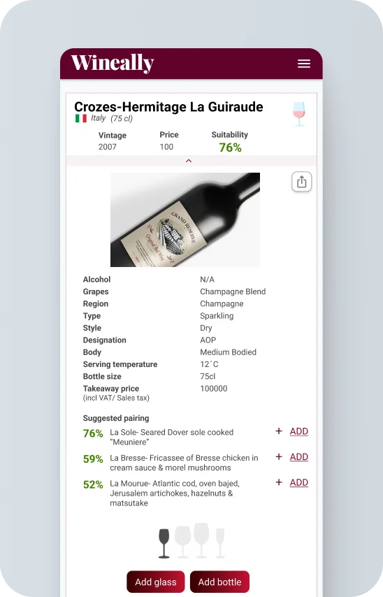 The original wine detail screen: a long table of properties and suggested pairings.