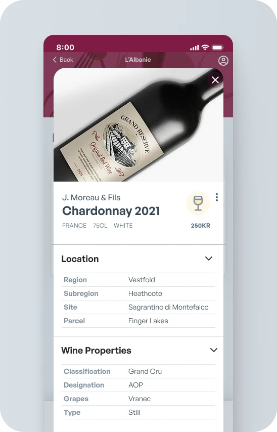 The redesigned wine detail screen with a large bottle image, location and wine properties.