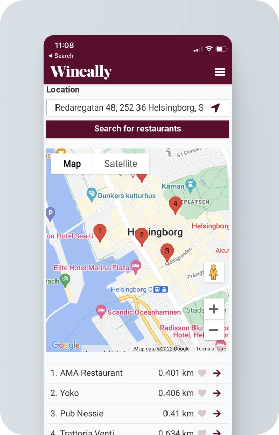 The original restaurant search screen with a map and a search button.