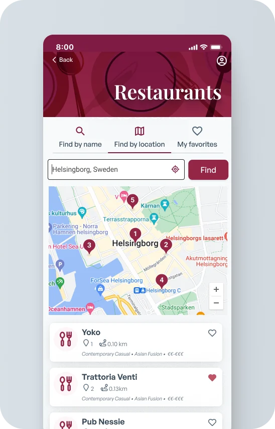 The redesigned restaurants screen with find-by tabs, a map and a list of results.