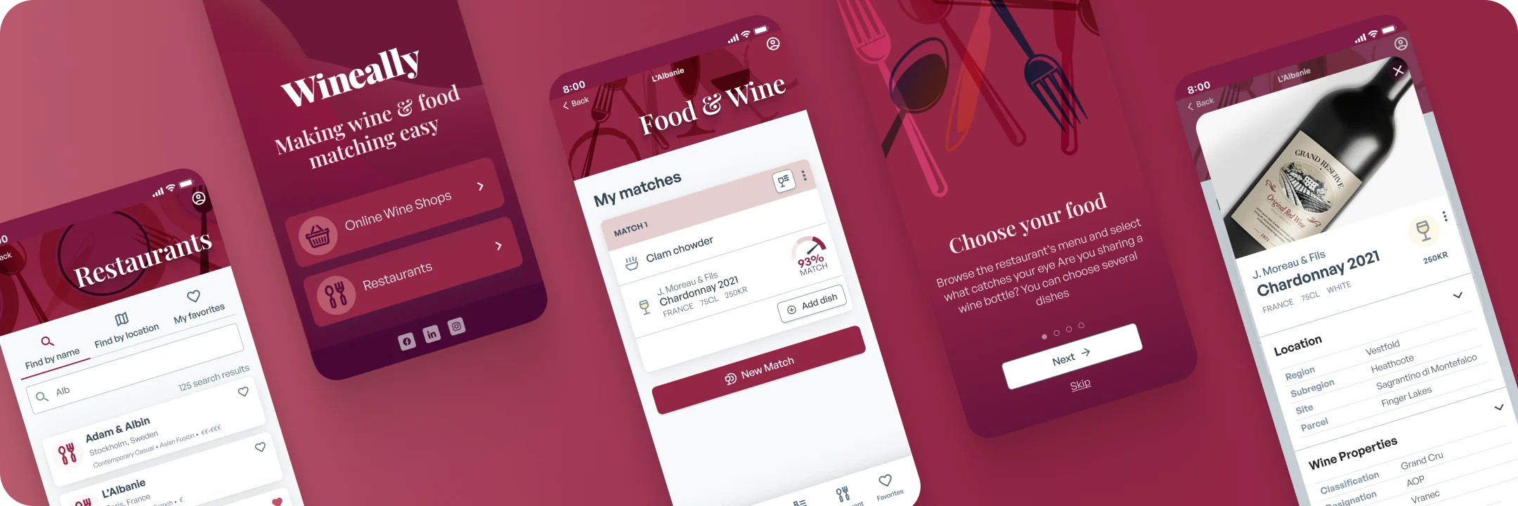 Five phone screens of the Wineally wine pairing app in burgundy: restaurants, a welcome screen, a list of matches, a food and wine pairing and a wine detail.