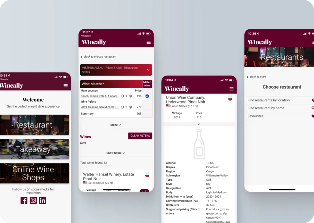 Four screens of the original Wineally app: a welcome screen, a wine matcher, a wine detail and a restaurant chooser.