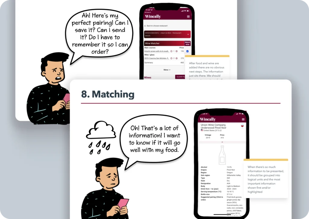 Two comic-style panels of a user story: the user is pleased with a pairing but unsure how to save or order it, then overwhelmed by the amount of information on the wine detail screen.