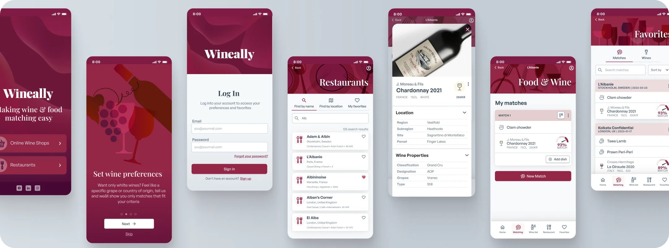 A row of the final app screens in Wineally’s burgundy visual style: onboarding, log in, restaurants, a wine detail, matches and favorites.