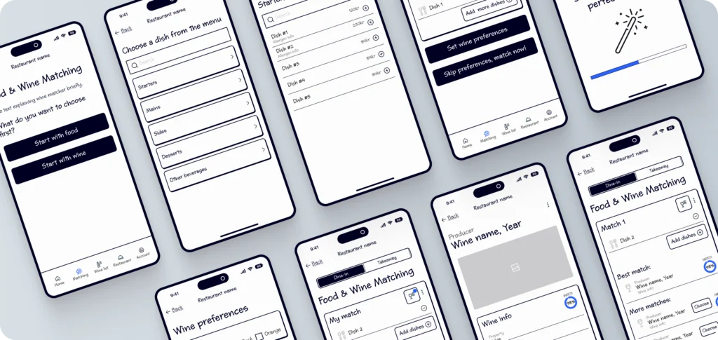 Wireframes of the app’s screens, shown at an angle on a grey background.