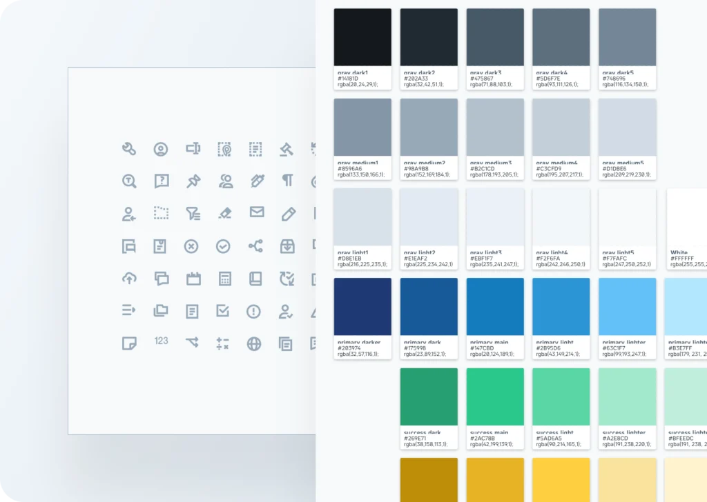 Design system foundations: a grid of interface icons and a colour palette of greys, blues and greens with names and values.