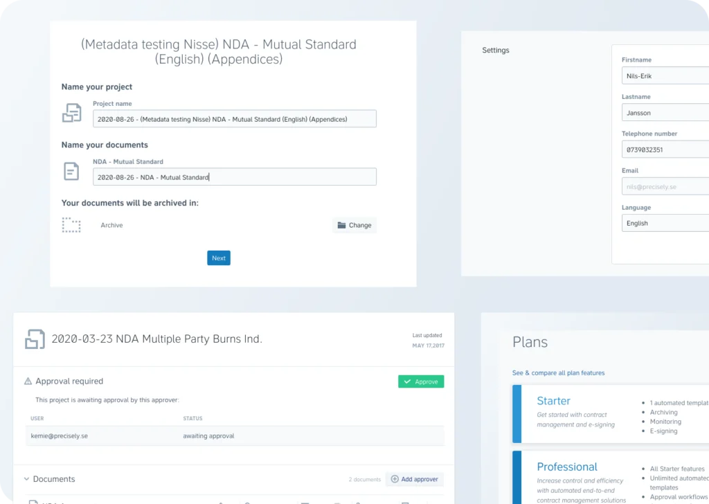 Product screens from before the design system: a project naming form, account settings, an approval-required project page and a plans page.