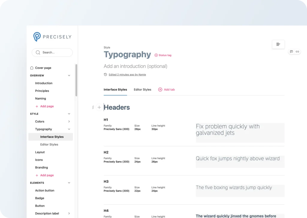 The design system documentation site: a navigation tree and a Typography page listing heading styles in Precisely Sans.