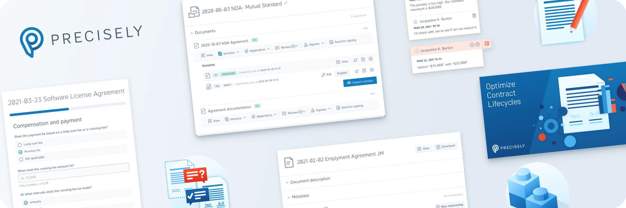 Precisely’s contract platform: document and questionnaire screens, a contract lifecycle banner and the Precisely logo on a pale blue background.