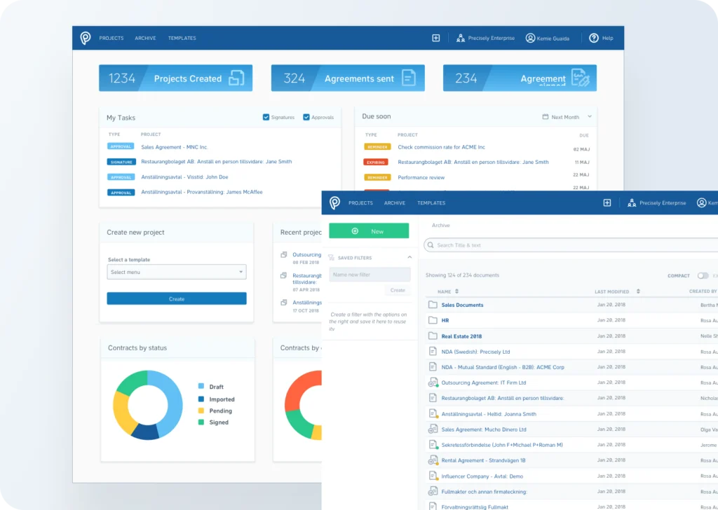Precisely’s dashboard with project, agreement and signature counters, a task list, a contracts-by-status chart, and the document archive in front of it.