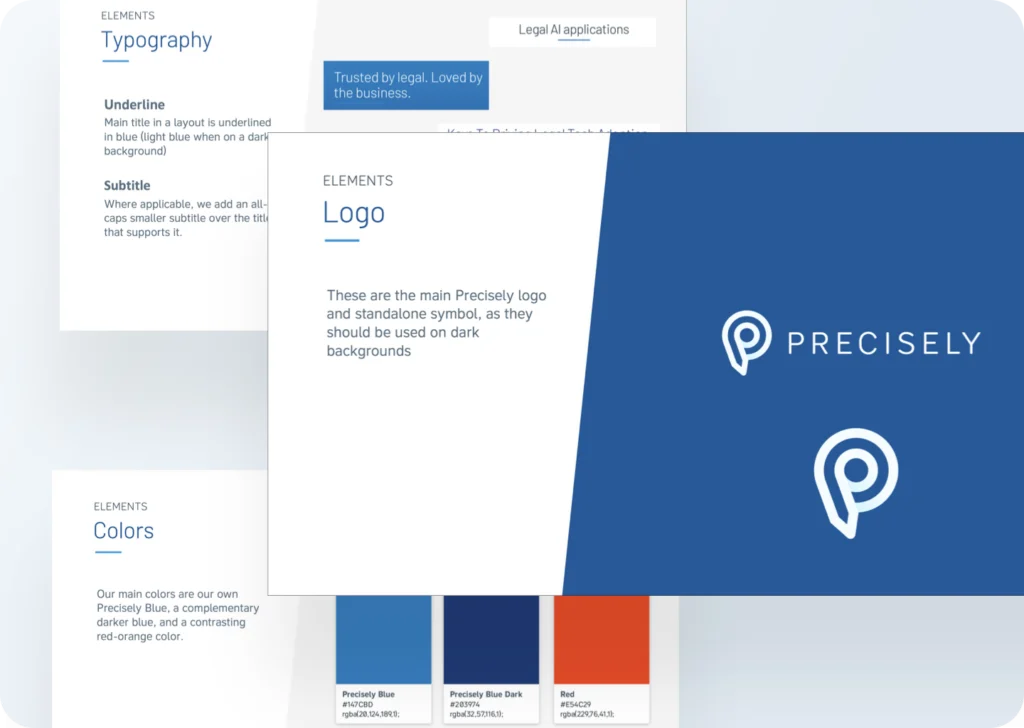 Brand guideline pages for typography, logo and colours, with the white Precisely logo on a blue background.