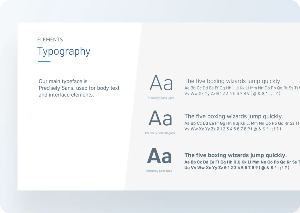 A brand guideline page showing the Precisely Sans typeface in light, regular and bold weights.