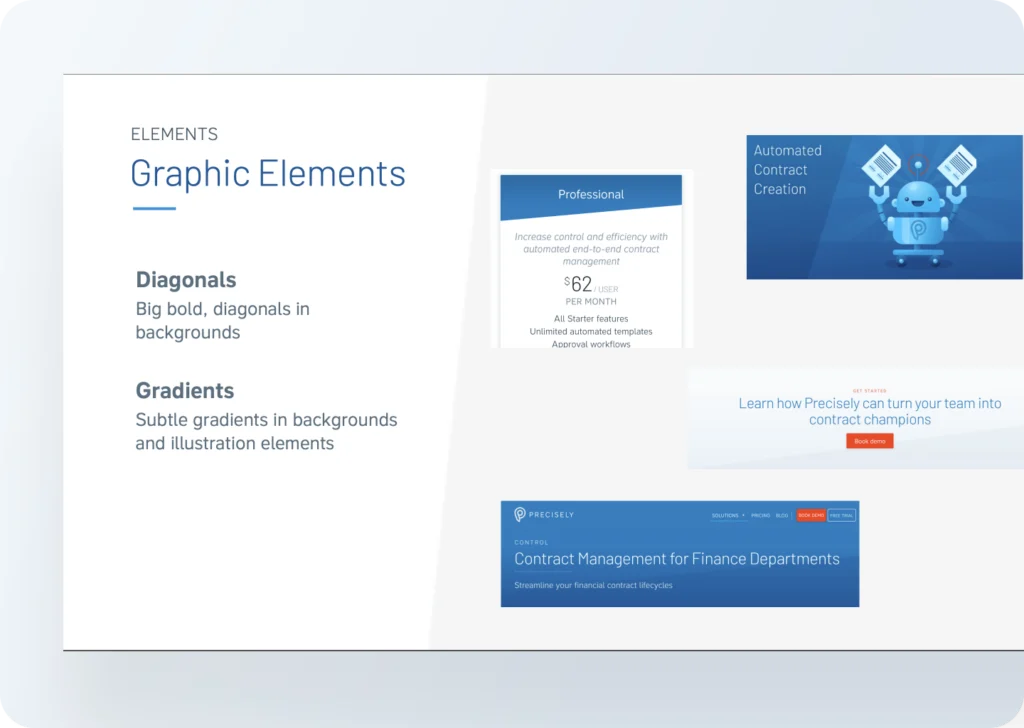 A brand guideline page on graphic elements, covering bold diagonals and subtle gradients, with examples from the website.