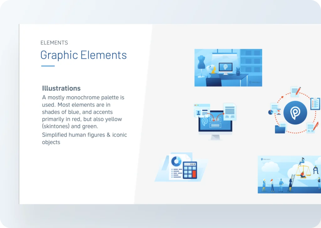 A brand guideline page on illustration style, with blue-toned illustrations of an office, a document workflow, a calculator and a scale of justice.