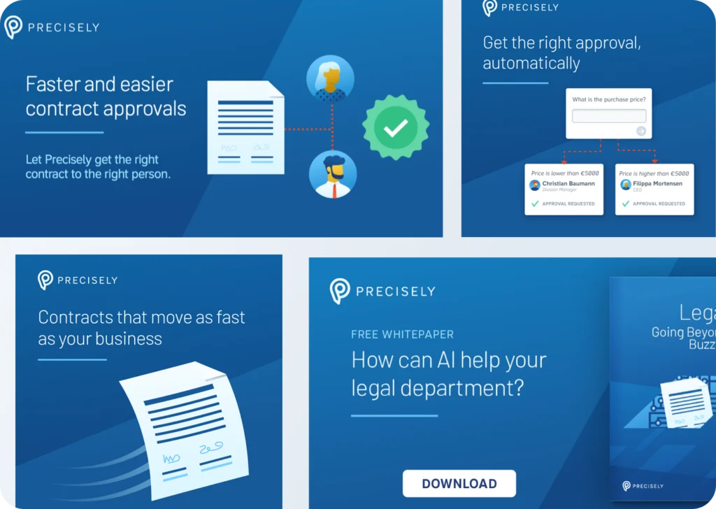 Four Precisely web and social ads in blue: faster contract approvals, automatic approvals, contracts that move as fast as your business, and a free AI whitepaper.