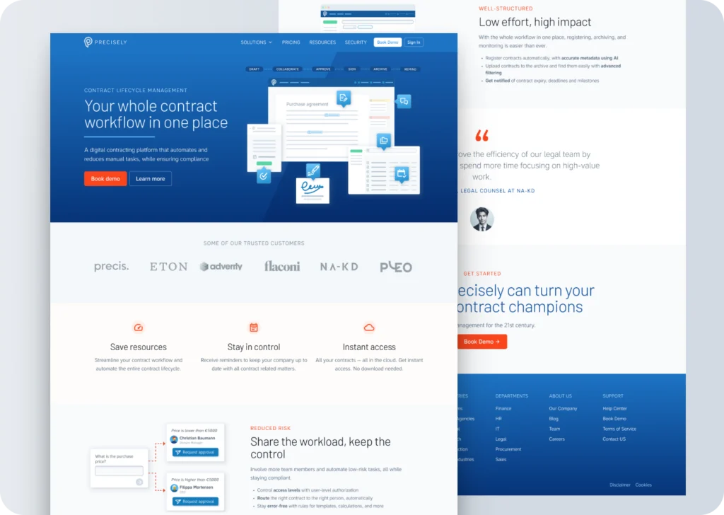 The Precisely website: a home page headed “Your whole contract workflow in one place”, with customer logos, benefits and a testimonial.
