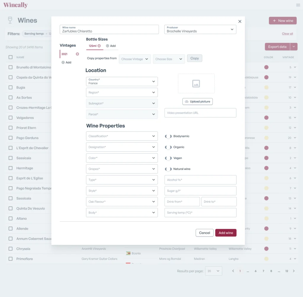 The redesigned wines list with an "Add wine" dialog that groups fields into location and wine properties.