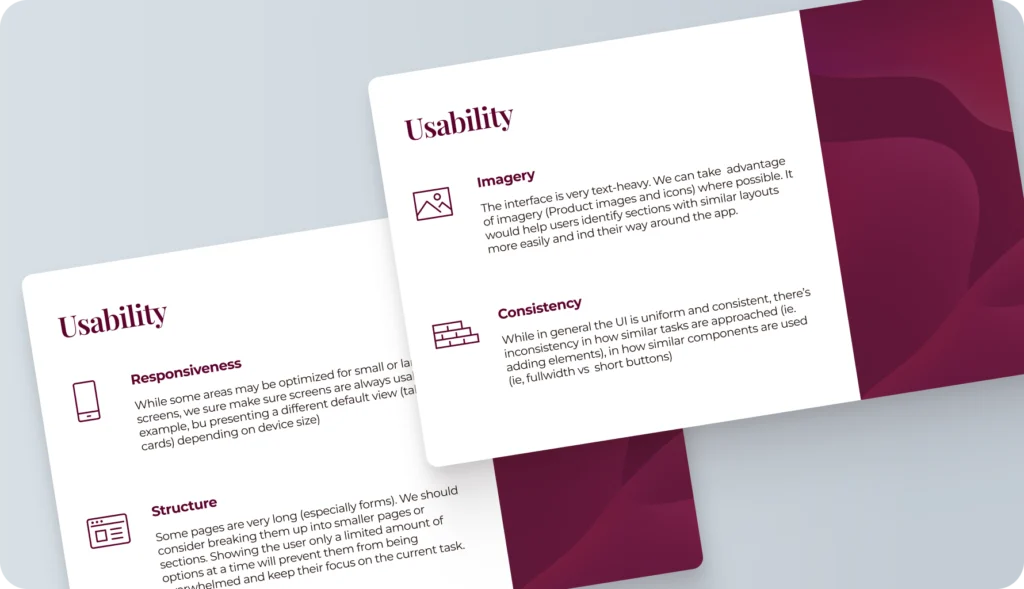 Two audit slides titled "Usability", covering responsiveness, structure, imagery and consistency findings for the existing backoffice.