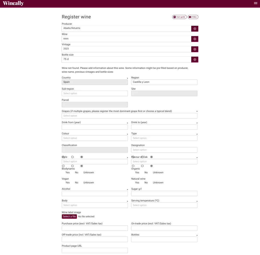 The original "Register wine" form: a long single page of stacked fields, dropdowns and radio buttons.