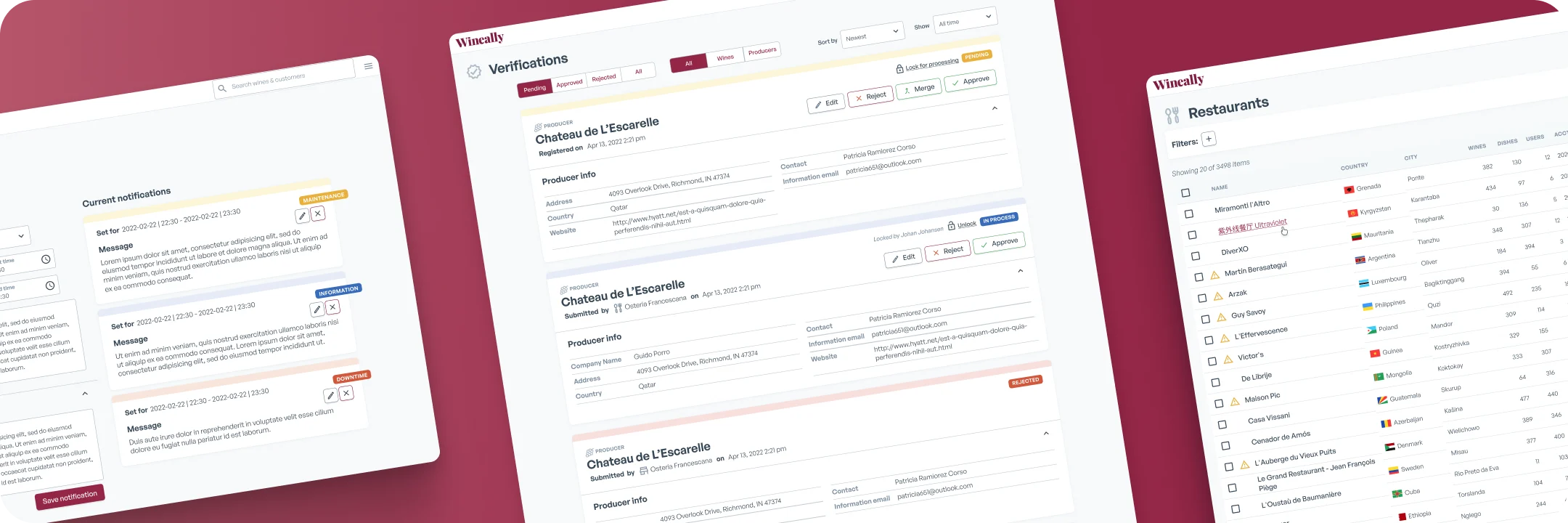 Three screens from the redesigned Wineally backoffice: notification management, producer verification and a restaurant list.