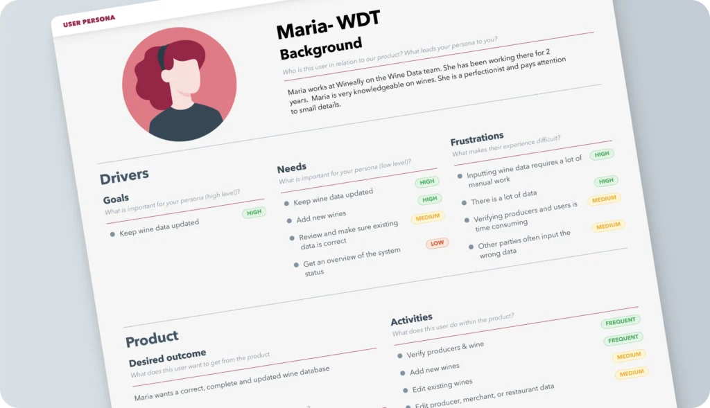A user persona for Maria, a member of the Wine Data team, listing her goals, needs, frustrations and the activities she performs in the product.