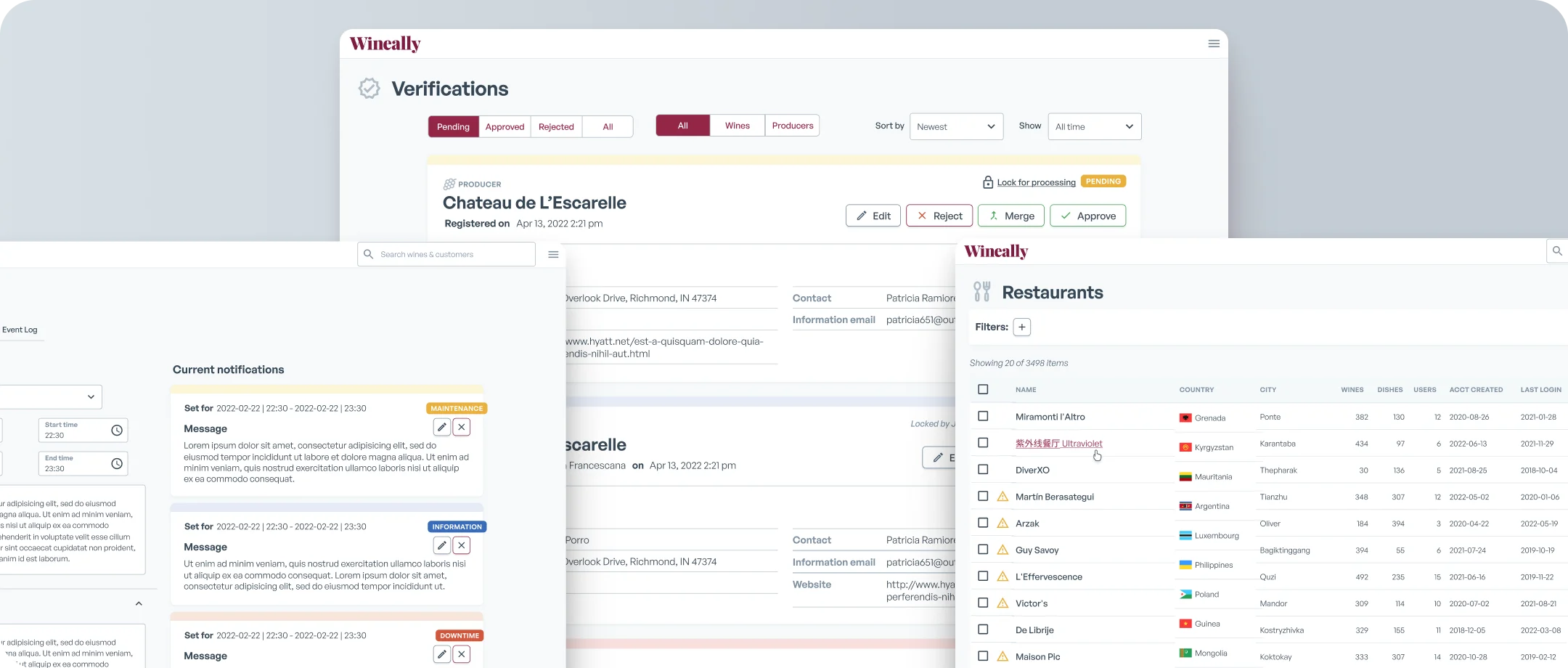 Final interface designs: notification management, producer verification and a restaurant list, in a clean burgundy and white visual style.